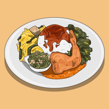 Bir tabak nasi padang, otantik Endonezya mutfağı, Sumatra spesiyaliteleri. Sebze ve acı soslu körili tavuk. Dünyanın en iyi yemeklerinden biri..