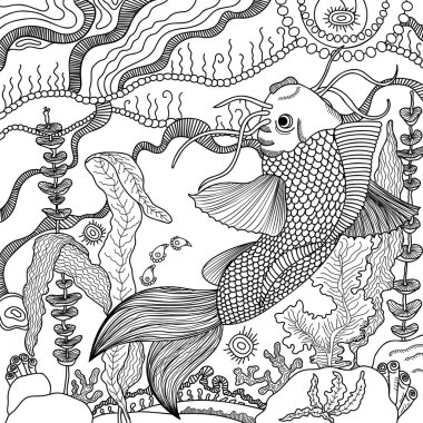 Page from Animals coloring book with fish can be usedto orginize coloring book or as decor, background, textile