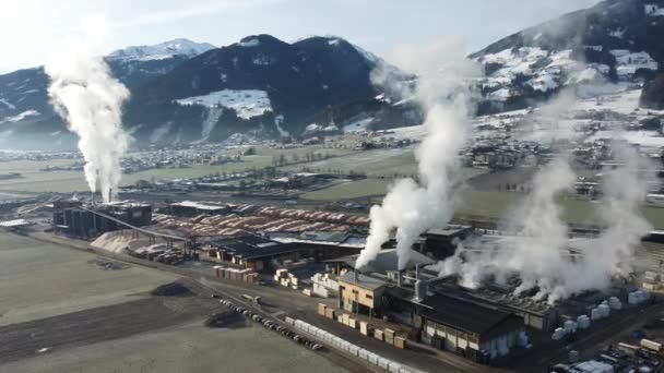 Wood sawmill proccessing wood logs and manufacturing wooden cuts and chimneys smoke is polluting the environment in beautiful natural set of deep valley surrounded by mountains — 图库视频影像