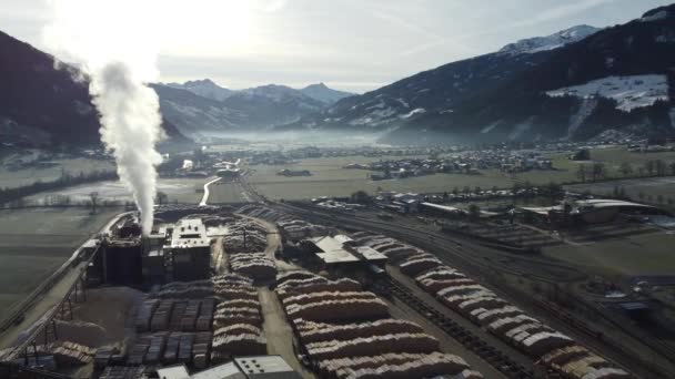 Wood sawmill proccessing wood logs and manufacturing wooden cuts and chimneys smoke is polluting the environment in beautiful natural set of deep valley surrounded by mountains — Stockvideo