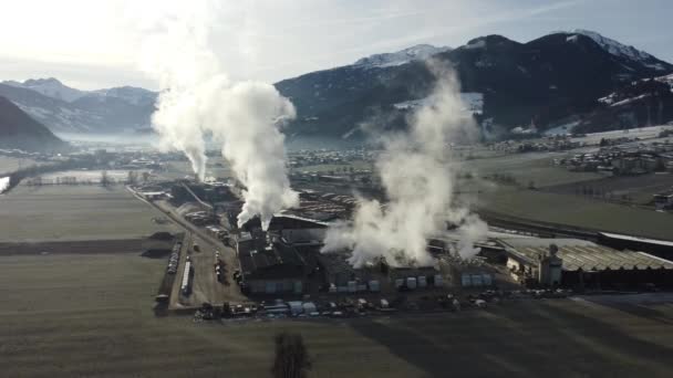 Wood sawmill proccessing wood logs and manufacturing wooden cuts and chimneys smoke is polluting the environment in beautiful natural set of deep valley surrounded by mountains — Video Stock