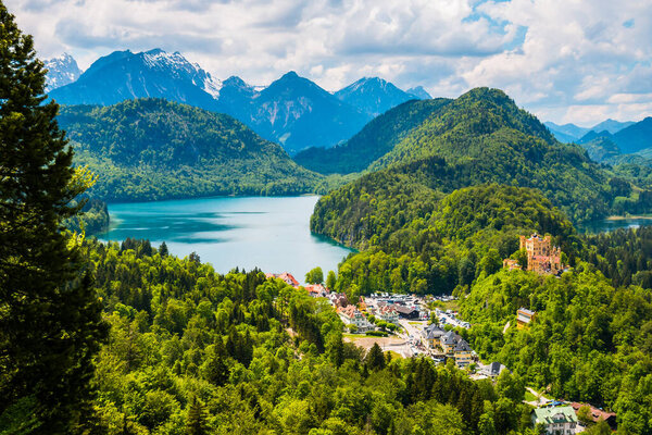 View on Alpsee Lake and Hohenschwangau Castle from Alpine mountains
