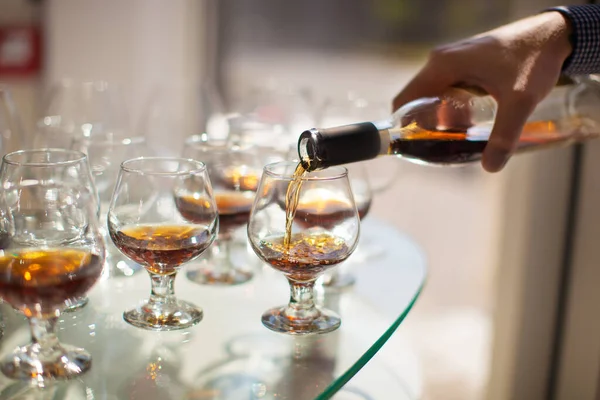 Waiter Pours Glass Wine Cognac — Stock Photo, Image