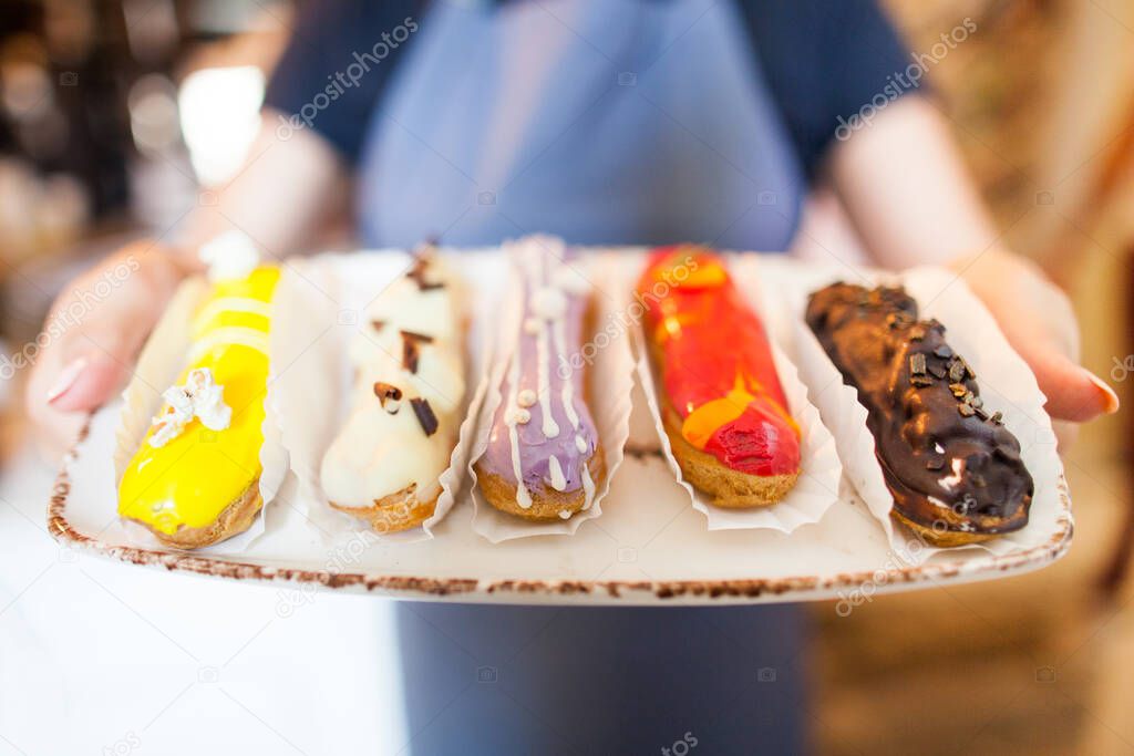 the chef cooked delicious  eclair on the tray