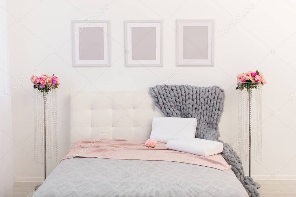 beautiful interior photographs of the modern bedroom, comfortable pillows of orthopedic