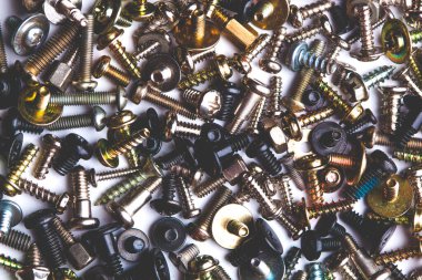 close up assortment many different bolts and screw