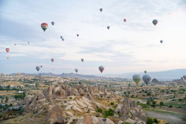 beautiful scenery flight of balloons in the mountains of Cappadocia