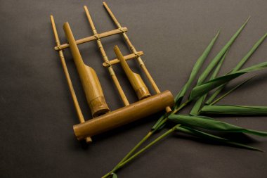 Angklung, bambudan yapılmış geleneksel bir sundan müzik aleti. Beyaz arkaplanda izole