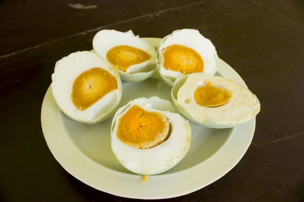 Salted Duck Egg Telur Asin Served White Plate Isolated Wood — Stock Fotó