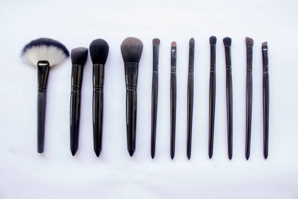 Makeup Brushes Set Isolated White Background Top View Flat Lay — Stockfoto
