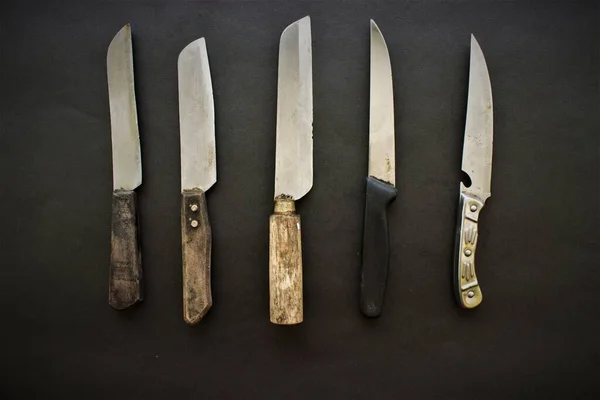 Many Knifes Lie Black Background Cooking — 스톡 사진