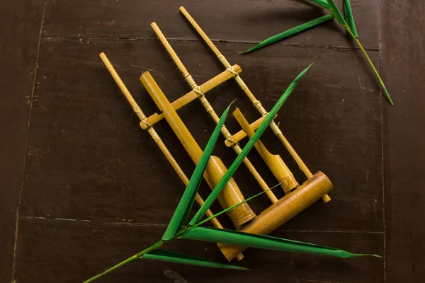 Angklung Traditional Sundanese Musical Instrument Made Bamboo Isolated White Background - Stock-foto