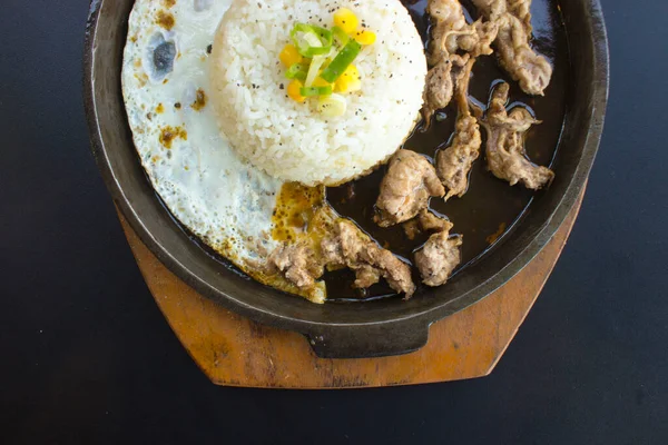 Breakfast Rice Fried Egg Meat Beef Garnish Corn Leek Close — Stock Photo, Image