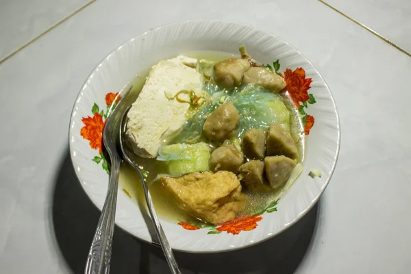 Bakso urat or meatball muscles is popular traditional food made from meat and cow muscles served with vegetables, noodle and flavour soup served on bowl