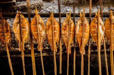 Izgara balık, ızgara balık Nil Tilapia ızgarada sıcak kömür.