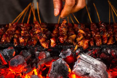 Fıstık sosu, dilimlenmiş biber ve arpacık soğanı ile servis edilen pirinç keki (lontong) ile saate ayam veya tavuk satay. resim seçici odak ile