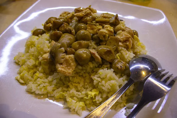 Hainanese Chicken Rice Hainan Rice Nasi Ayam Hainan Served Mushroom — Stock Photo, Image