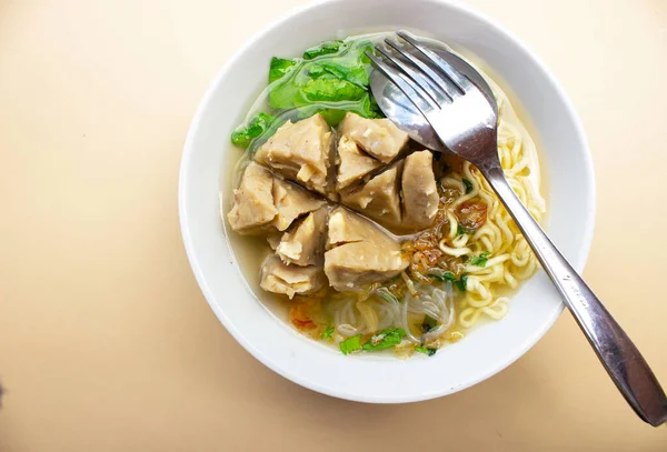 Bakso urat or meatball muscles is popular traditional food made from meat and cow muscles served with vegetables, noodle and flavour soup