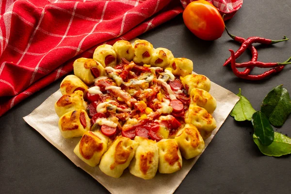 Delicious Pizza Served Mushroom Topping Corn Chicken Sausage Bacon Mayonnaise — Stockfoto