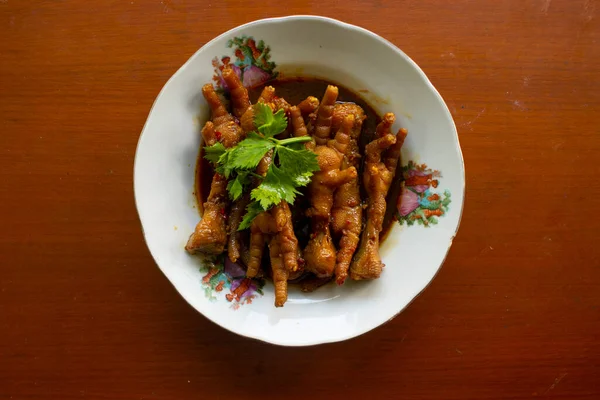 Spicy Chicken Feet Celery Chili Onion Garlic Served White Plate —  Fotos de Stock