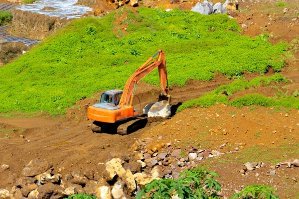 Excavator Working Construction Site Dredging Boulders Aerial Photo — Stock Photo, Image