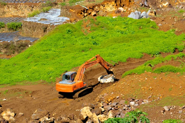 Excavator Working Construction Site Dredging Boulders Aerial Photo — Stock Photo, Image