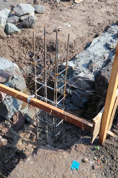 Foundation House Laying Foundation Made Stone Sand Semen Steel Construction — Stock Photo, Image
