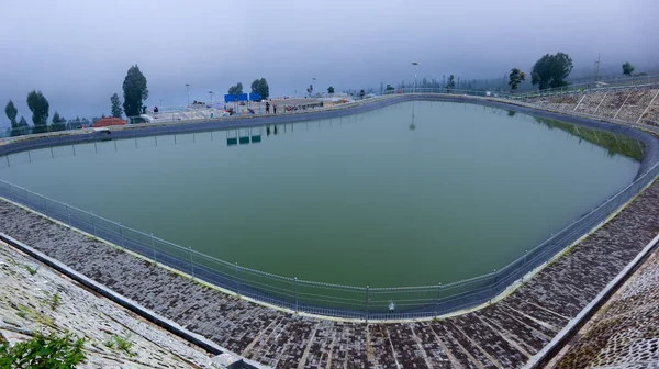 Aerial View Rainwater Retention Basin Morning Foggy Retention Basin Bansari — Fotografia de Stock