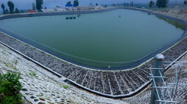 Aerial View Rainwater Retention Basin Morning Foggy Retention Basin Bansari — Zdjęcie stockowe