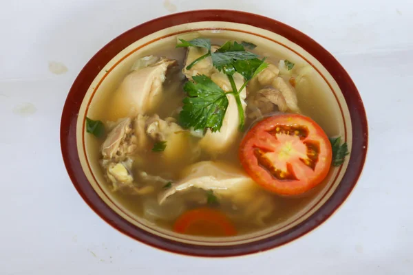 Chicken Soup Served Vegetables Tomatoes Celery Bowl Spoon Fork Black — 图库照片