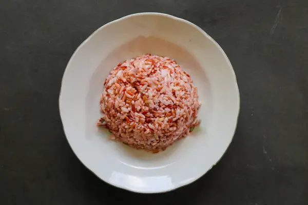 Red Steamed Rice Nasi Merah Served Plate Isolated Black Background — Foto de Stock