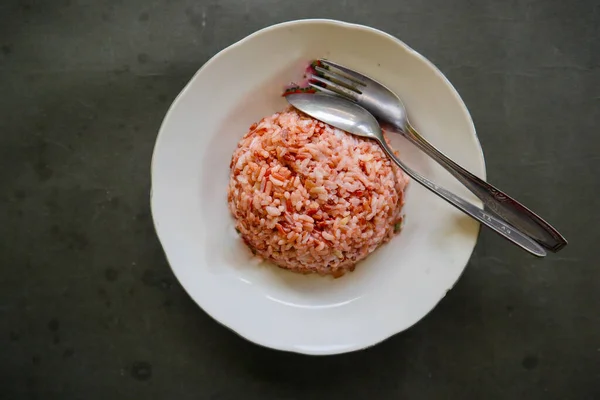 Red Steamed Rice Nasi Merah Served Plate Isolated Black Background — Foto de Stock
