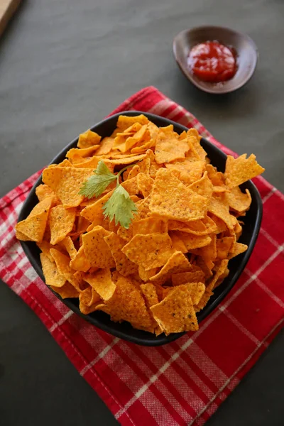 Tortilla Chip Corn Chips Call Nachos Served Bowl Black Background — 스톡 사진