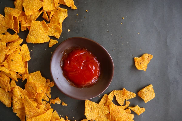 Tortilla Chip Corn Chips Call Nachos Served Bowl Black Background — 스톡 사진