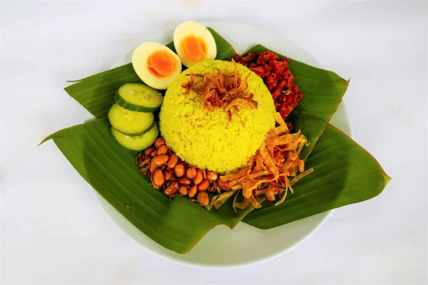 Arroz Nasi Arroz Amarelo Arroz Tumérico Alimento Tradicional Ásia Feito — Fotografia de Stock