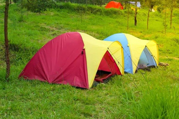 Namiot Lub Namiot Kopuły Kemping Łąkach Górskich Rano Obóz — Zdjęcie stockowe