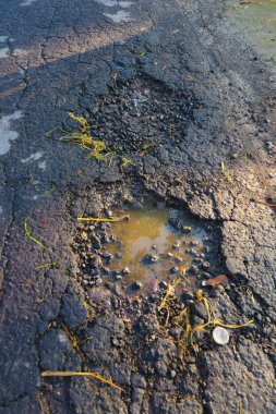 Hasarlı yolda su birikintileri. Kötü havadan sonra asfalt yolda büyük bir çukur kapanır..