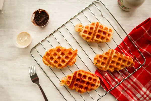 Croissant Waffle Croffle Chocolate Sauce Served Box White Background — Stock Photo, Image