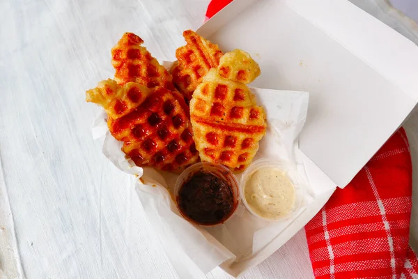 Croissant Waffle Croffle Chocolate Sauce Served Box White Background — Fotografia de Stock
