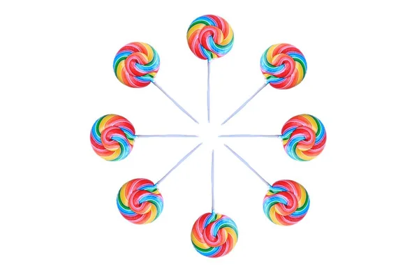 Lollipop Colorful Rainbow Lollipop Swirl Plastic Stick Isolated White Background — Stock fotografie