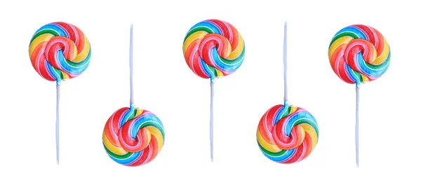 Lollipop Colorful Rainbow Lollipop Swirl Plastic Stick Isolated White Background — Fotografia de Stock