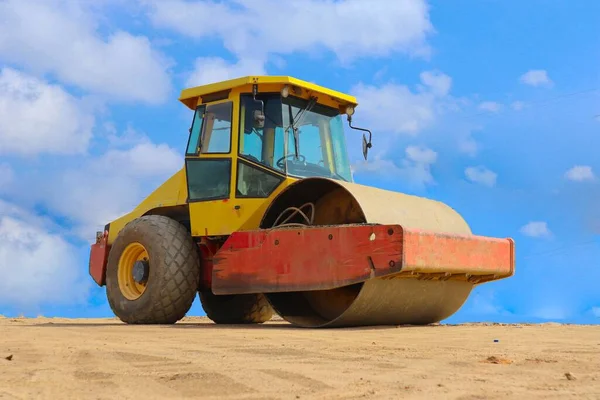 Road Roller Yellow Color Construction Site Sky Background — Stock Photo, Image
