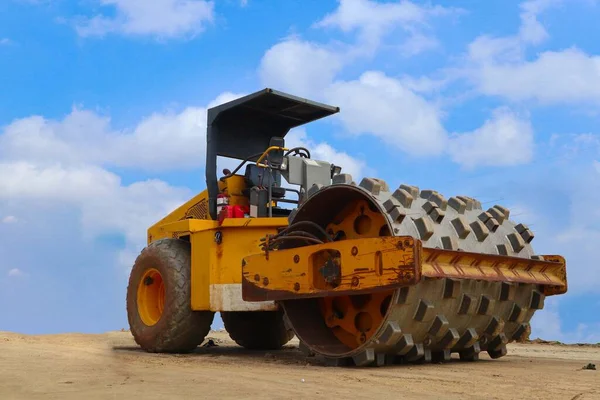 Road Roller Yellow Color Construction Site Sky Background — Fotografia de Stock