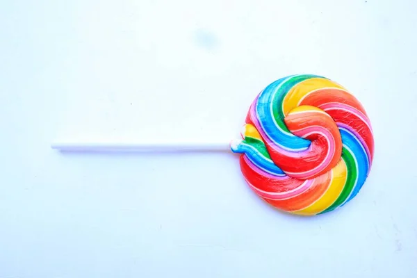 Lollipop Colorful Rainbow Lollipop Swirl Plastic Stick Isolated White Background — Photo