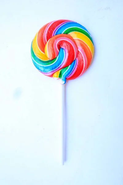 Lollipop Colorful Rainbow Lollipop Swirl Plastic Stick Isolated White Background — Fotografia de Stock