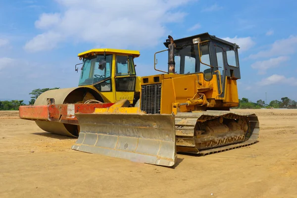 Bulldozer Road Roller Yellow Color Construction Site Sky Background — Stock Photo, Image