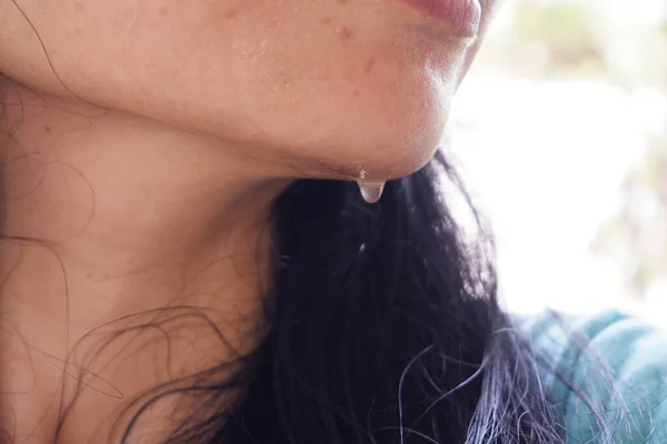 Drop Sweat Chin Black Haired Woman — Stock Fotó