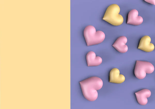 紫色和黄色的心代表情人节和紫色的背景 3D渲染 — 图库照片