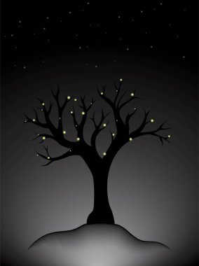 Black tree with fireflies in fog at night