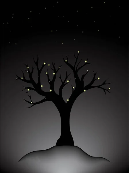 Black Tree Fireflies Fog Night — Stock Vector